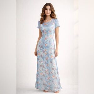 Express Vintage 90s Y2K Sheer Floral Ethereal Fairy Short Slv Maxi Dress Blue 4